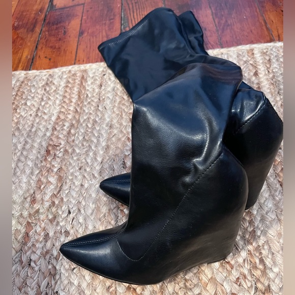 Thigh-high, vegan leather, pointed toe ASOS Design wedge high heel boots - Picture 7 of 9